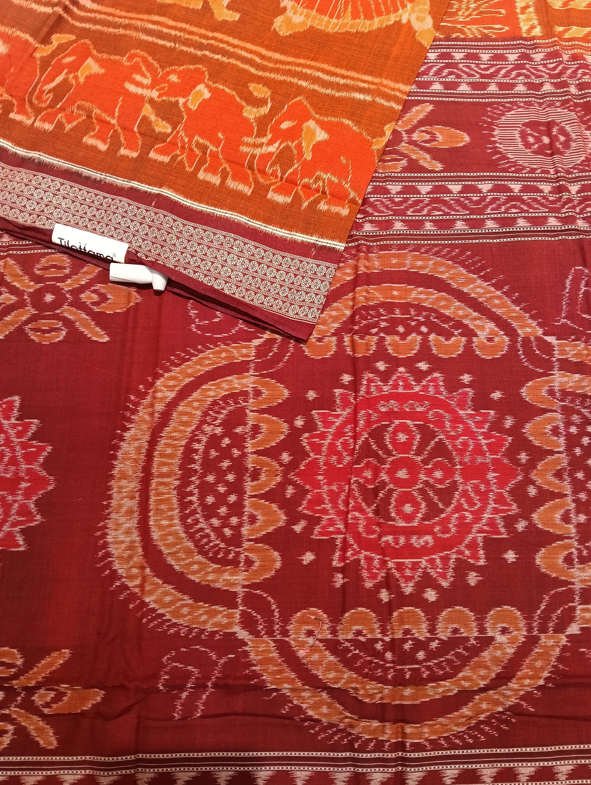 Orange marron cotton Ikat sambalpuri saree (2614) - Tilottama