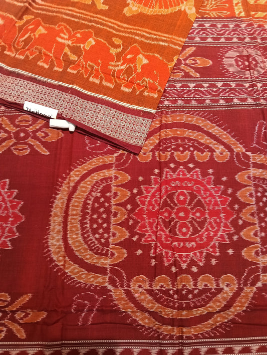Orange marron cotton Ikat sambalpuri saree (2614) - Tilottama
