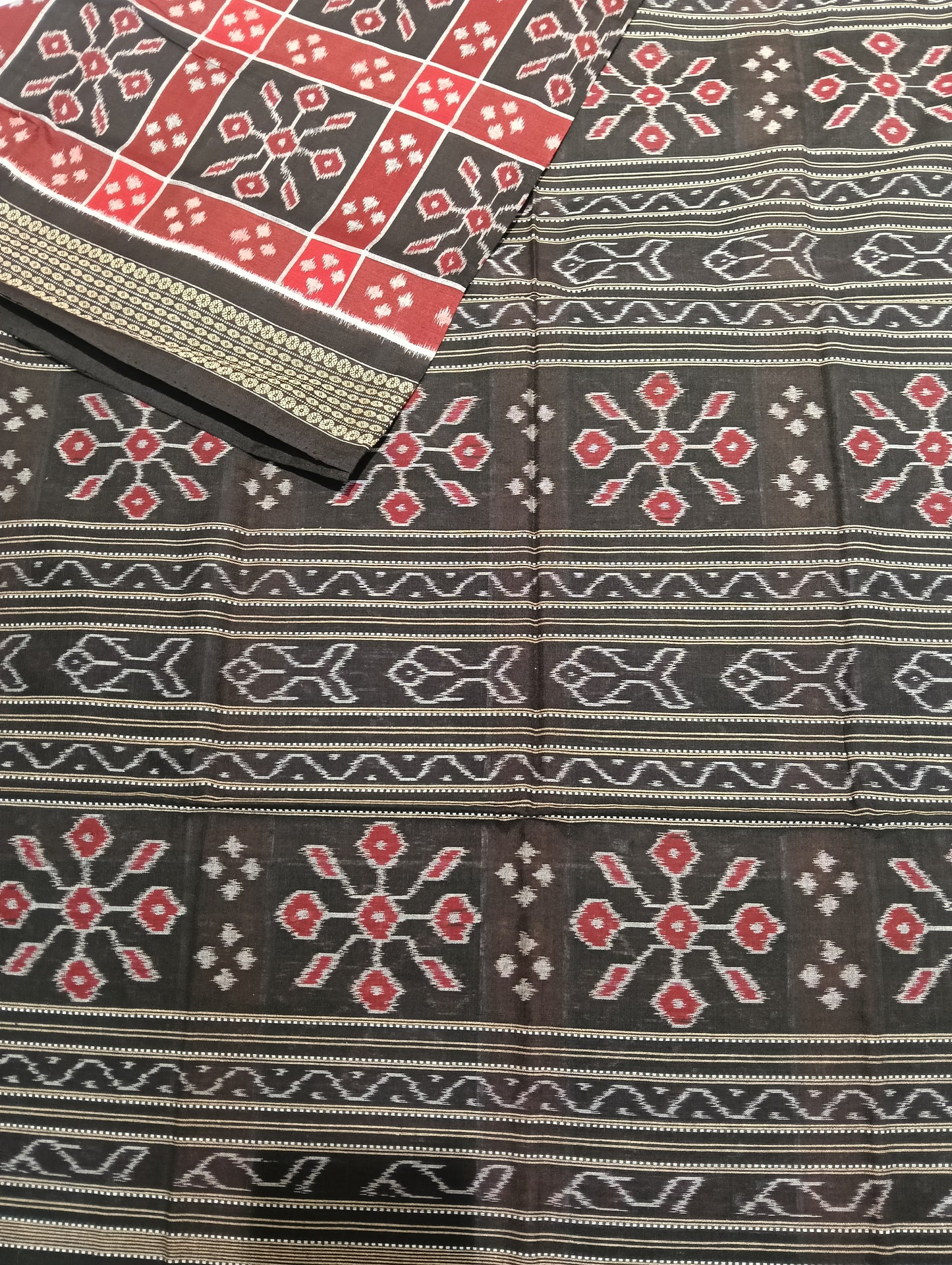 Black Red cotton sambalpuri saree (1663) - Tilottama