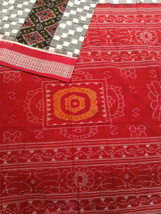 White Red cotton sambalpuri saree (3784) - Tilottama
