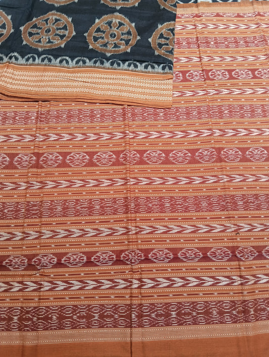 Dark rust navy blue cotton sambalpuri saree (1584) - Tilottama