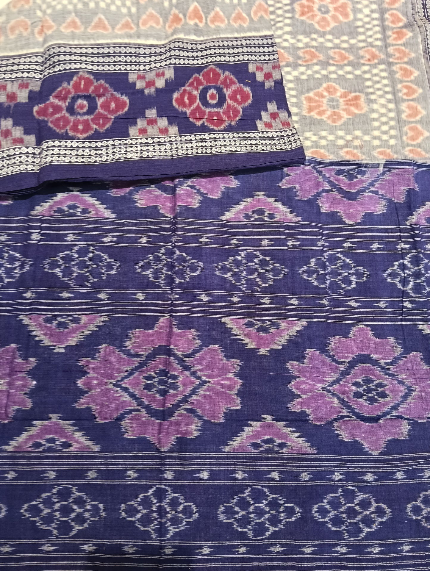 Stone blue cotton double border sambalpuri saree (4063) - Tilottama