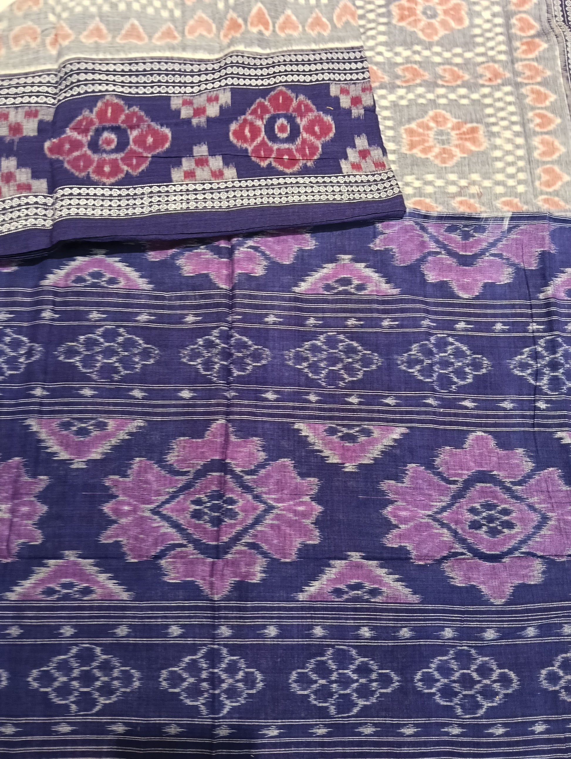 Stone blue cotton double border sambalpuri saree (4063) - Tilottama
