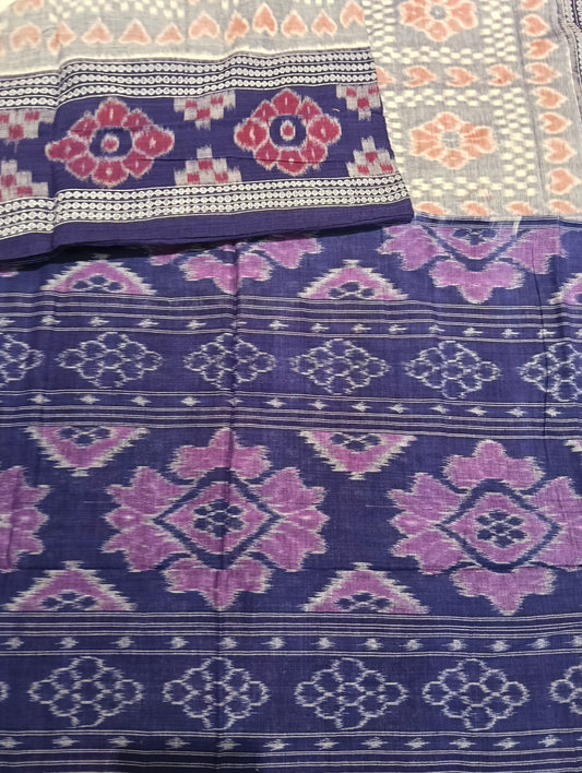 Stone blue cotton double border sambalpuri saree (4063) - Tilottama
