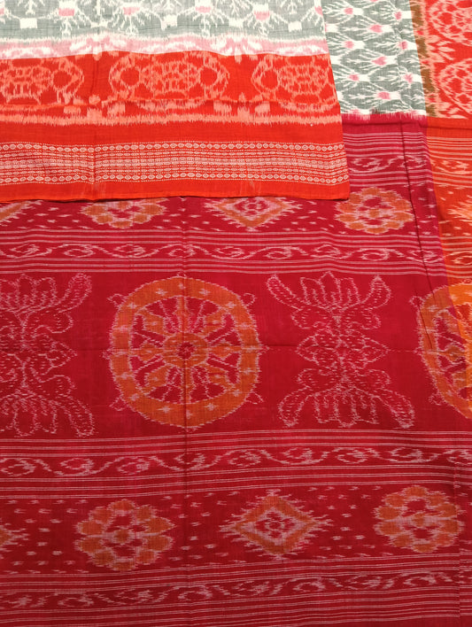 White green orange cotton sambalpuri saree (4053) - Tilottama