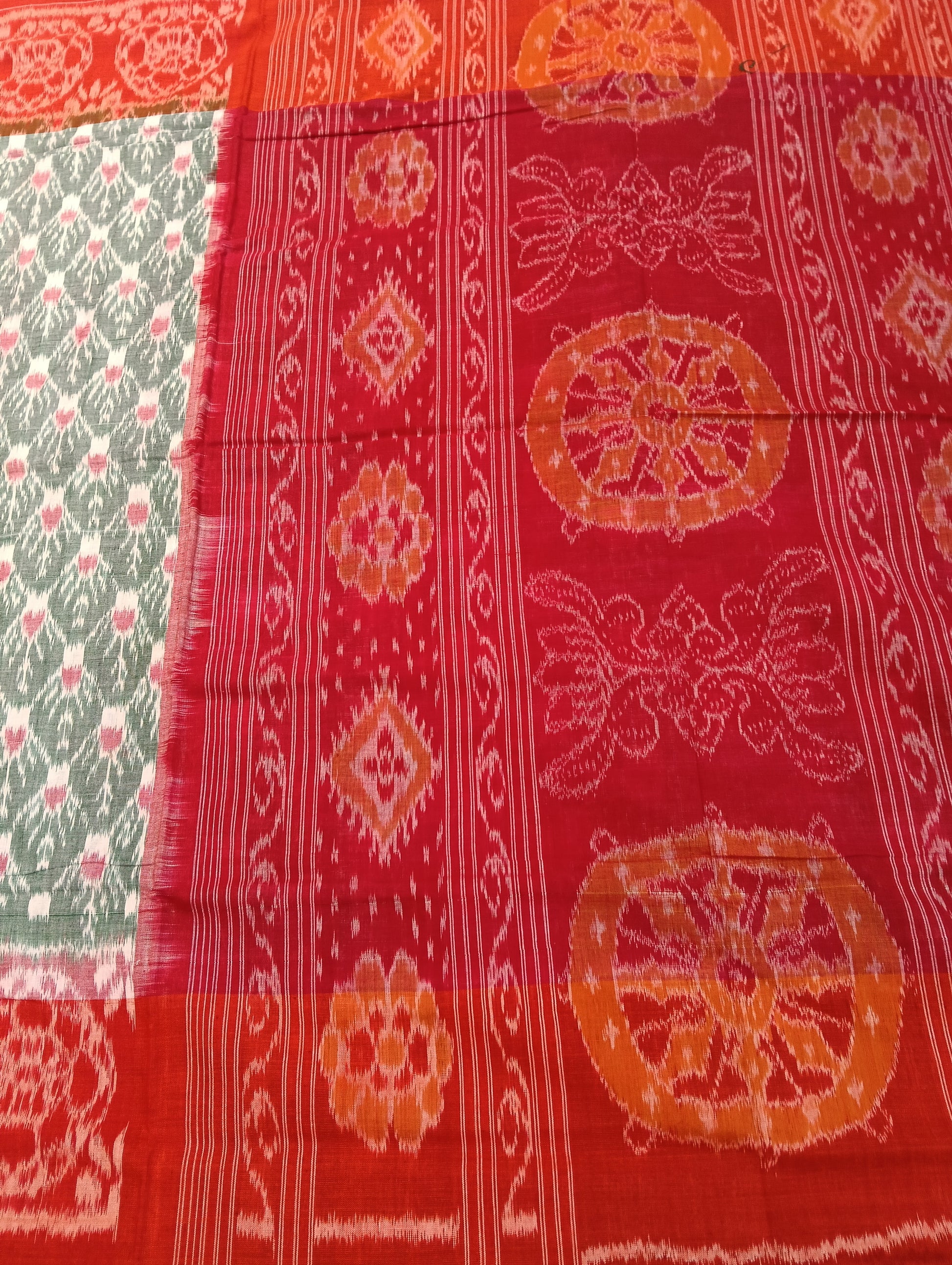 White green orange cotton sambalpuri saree (4053) - Tilottama