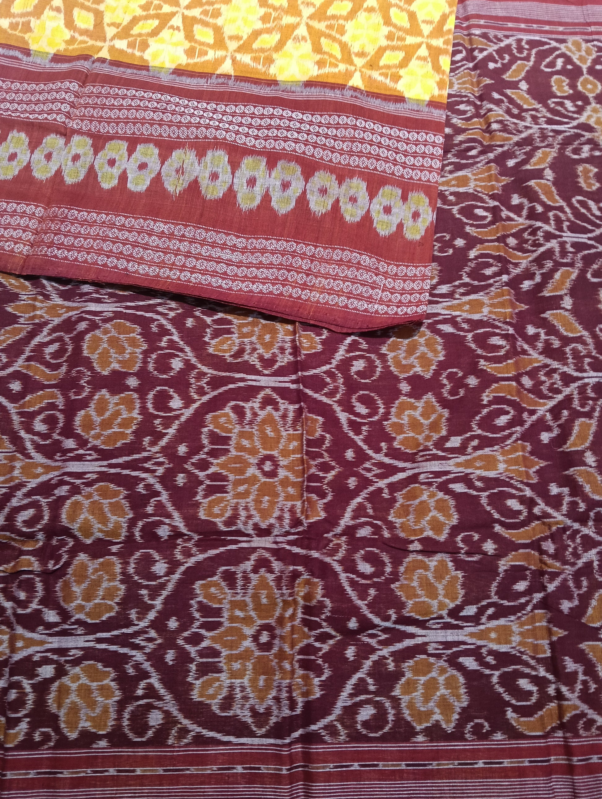 Yellow marron cotton sambalpuri saree (3049) - Tilottama
