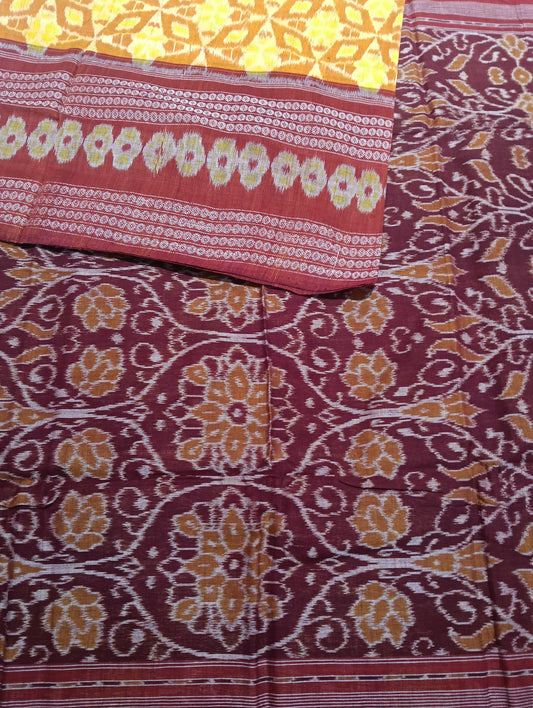 Yellow marron cotton sambalpuri saree (3049) - Tilottama