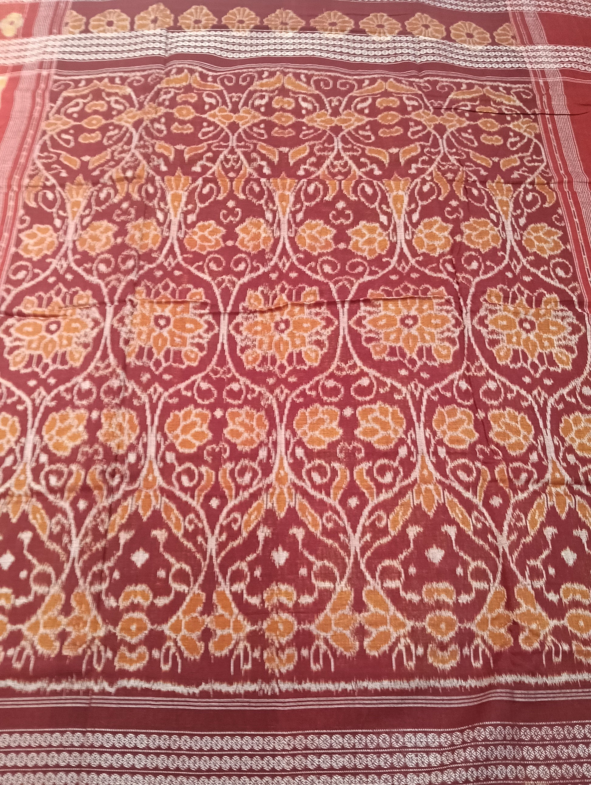 Yellow marron cotton sambalpuri saree (3049) - Tilottama
