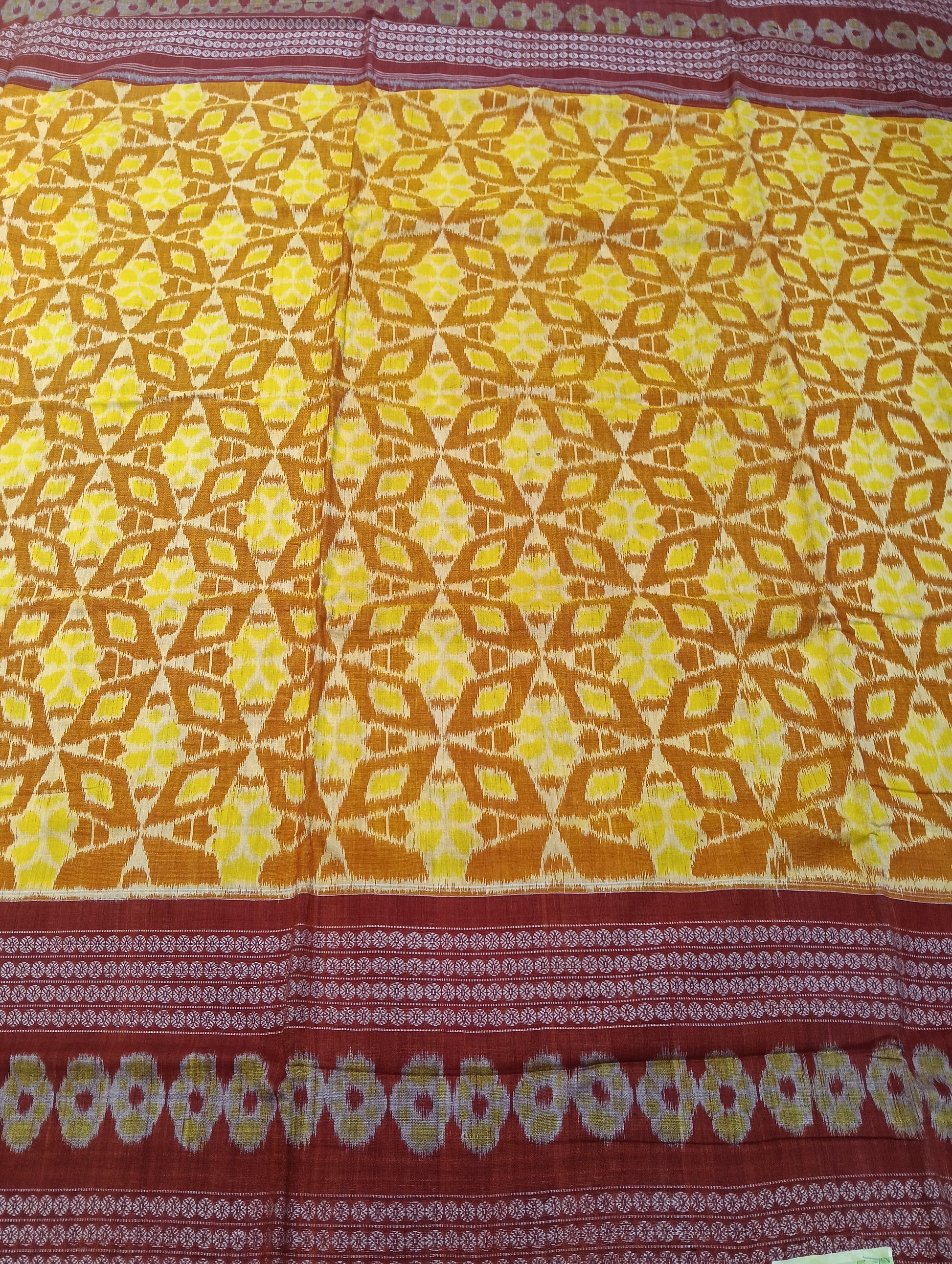 Yellow marron cotton sambalpuri saree (3049) - Tilottama