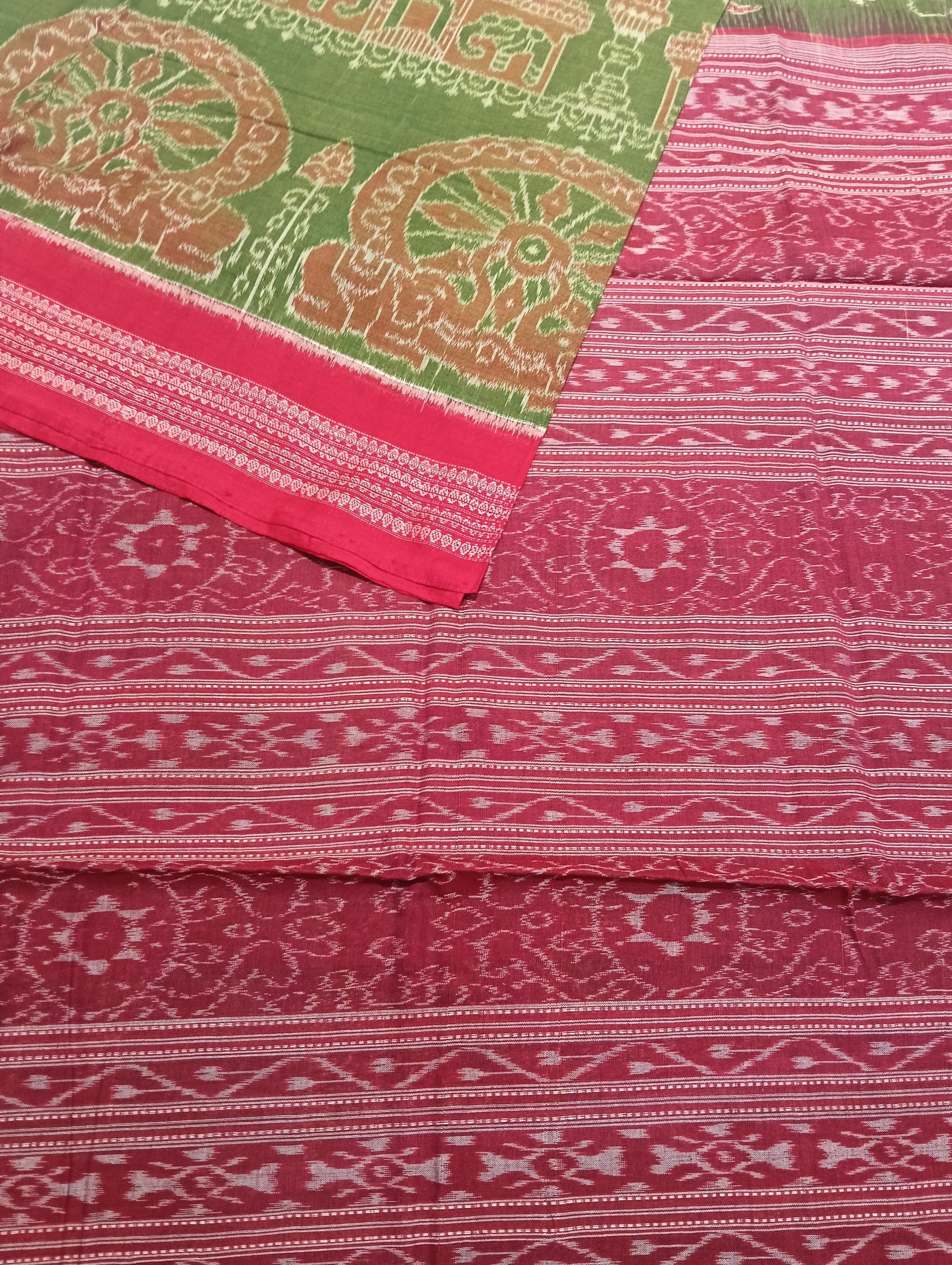 Green red cotton sambalpuri saree (1719) - Tilottama