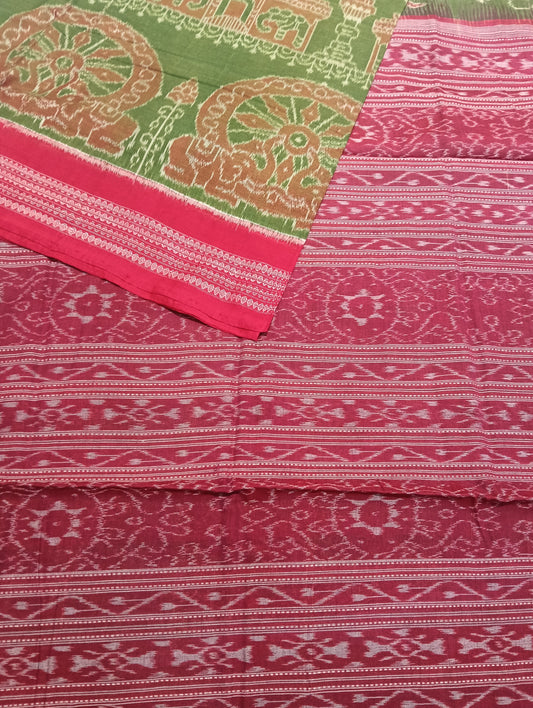 Green red cotton sambalpuri saree (1719) - Tilottama