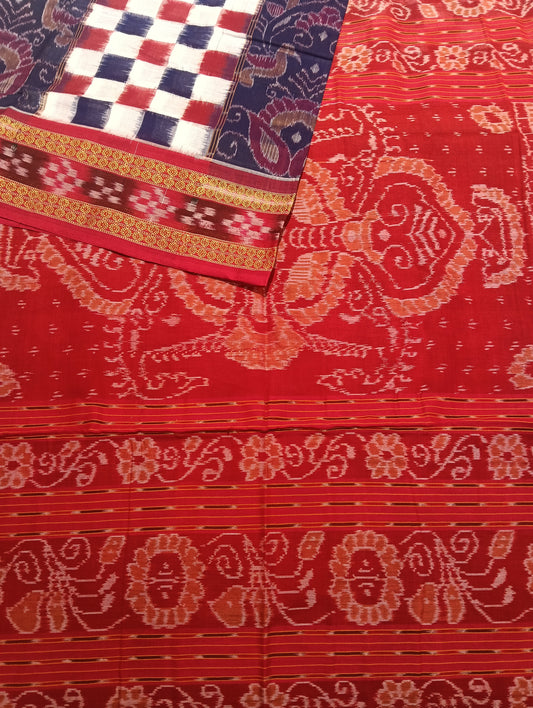 Blue red white sapta cotton sambalpuri saree (4212) - Tilottama