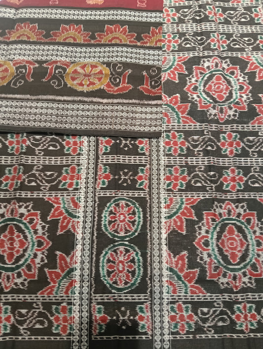 Black marron eight border cotton sambalpuri saree (2788) - Tilottama