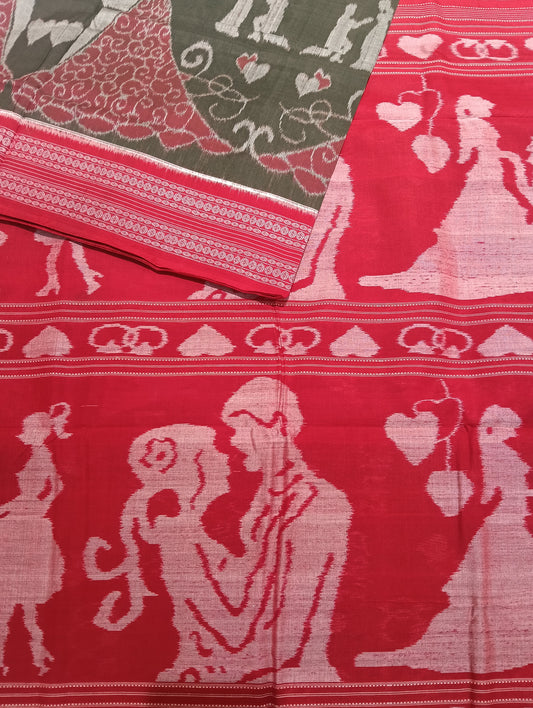Olive red cotton sambalpuri saree (2612) - Tilottama