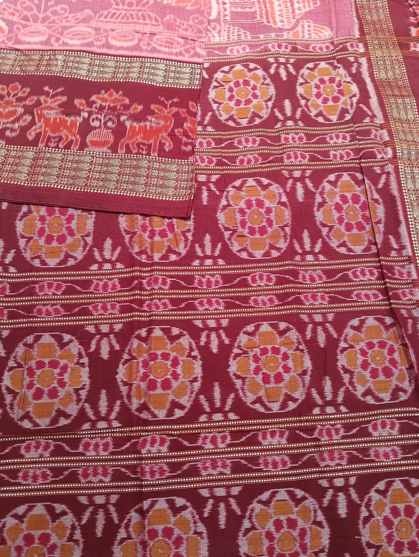 Pink marron cotton sambalpuri saree (4209) - Tilottama