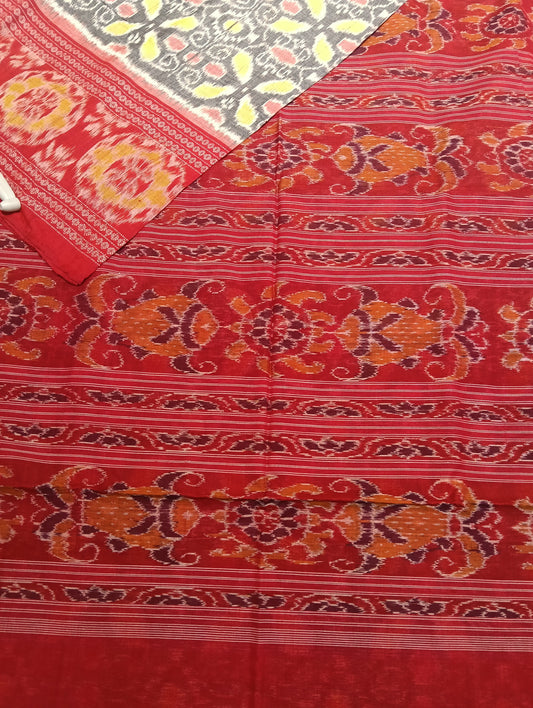 Stone red double border cotton sambalpuri saree (4058) - Tilottama