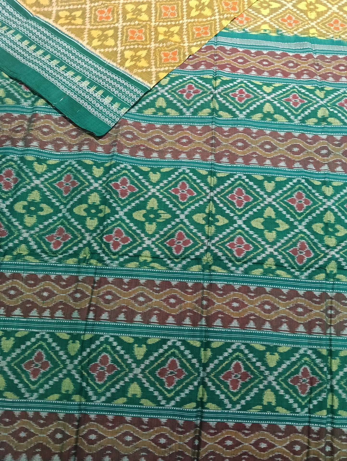 Yellow green cotton sambalpuri saree (2261) - Tilottama