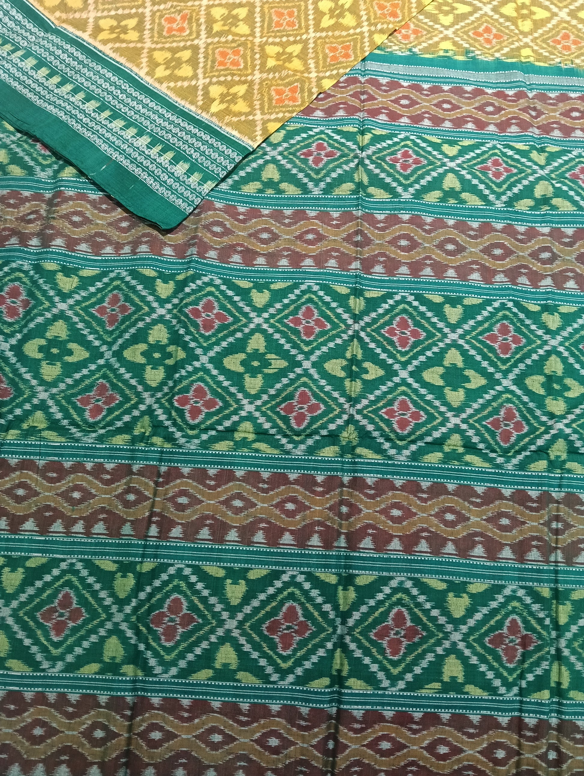 Yellow green cotton sambalpuri saree (2261) - Tilottama