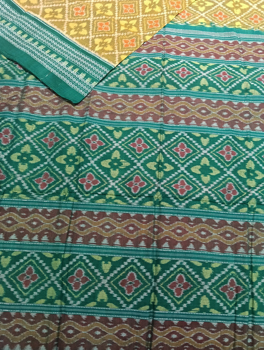 Yellow green cotton sambalpuri saree (2261) - Tilottama