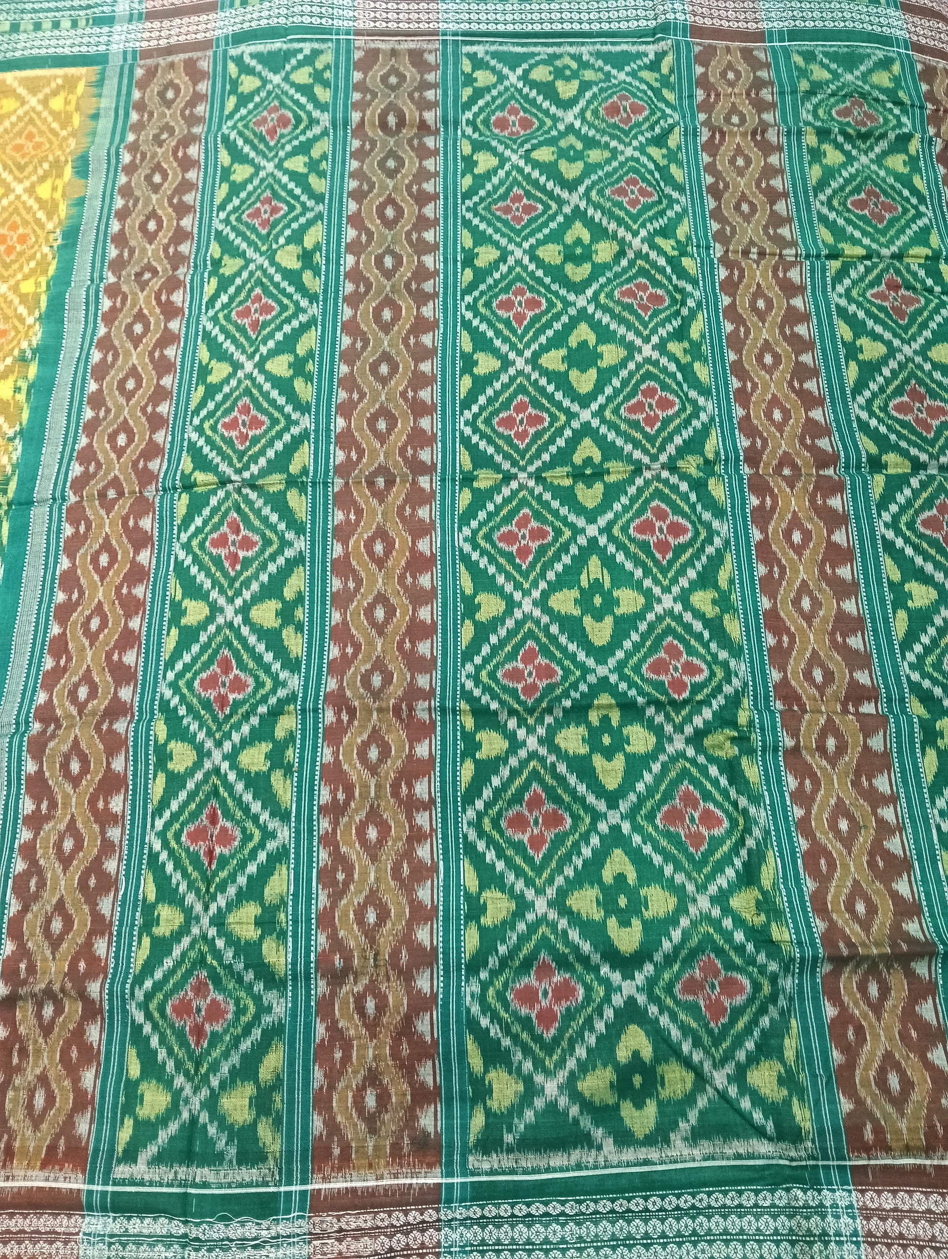 Yellow green cotton sambalpuri saree (2261) - Tilottama