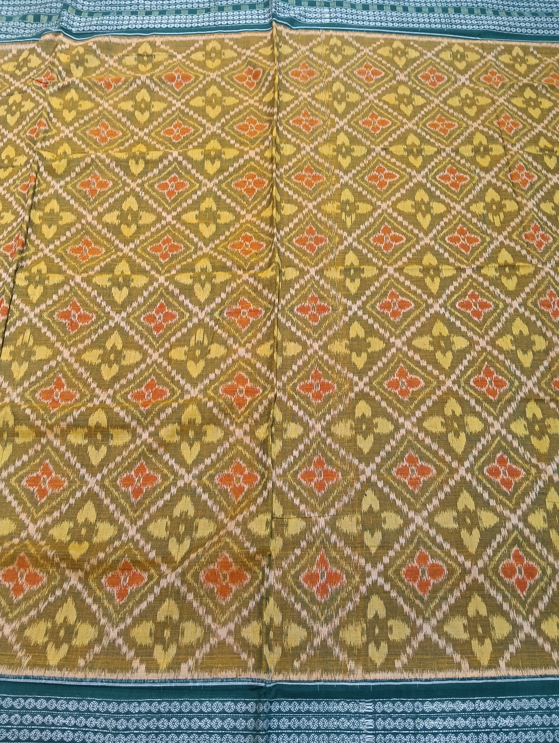 Yellow green cotton sambalpuri saree (2261) - Tilottama