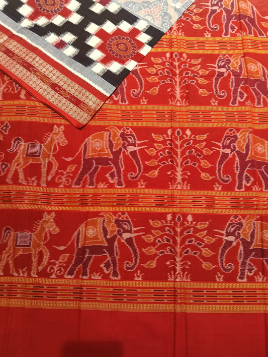 Silver red sapta cotton sambalpuri saree (2799) - Tilottama