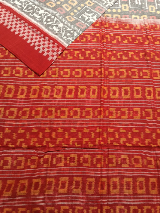 Silver red plain border cotton sambalpuri saree (2938) - Tilottama