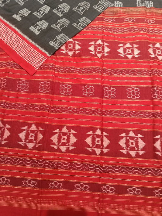 Black red cotton sambalpuri saree (2097) - Tilottama