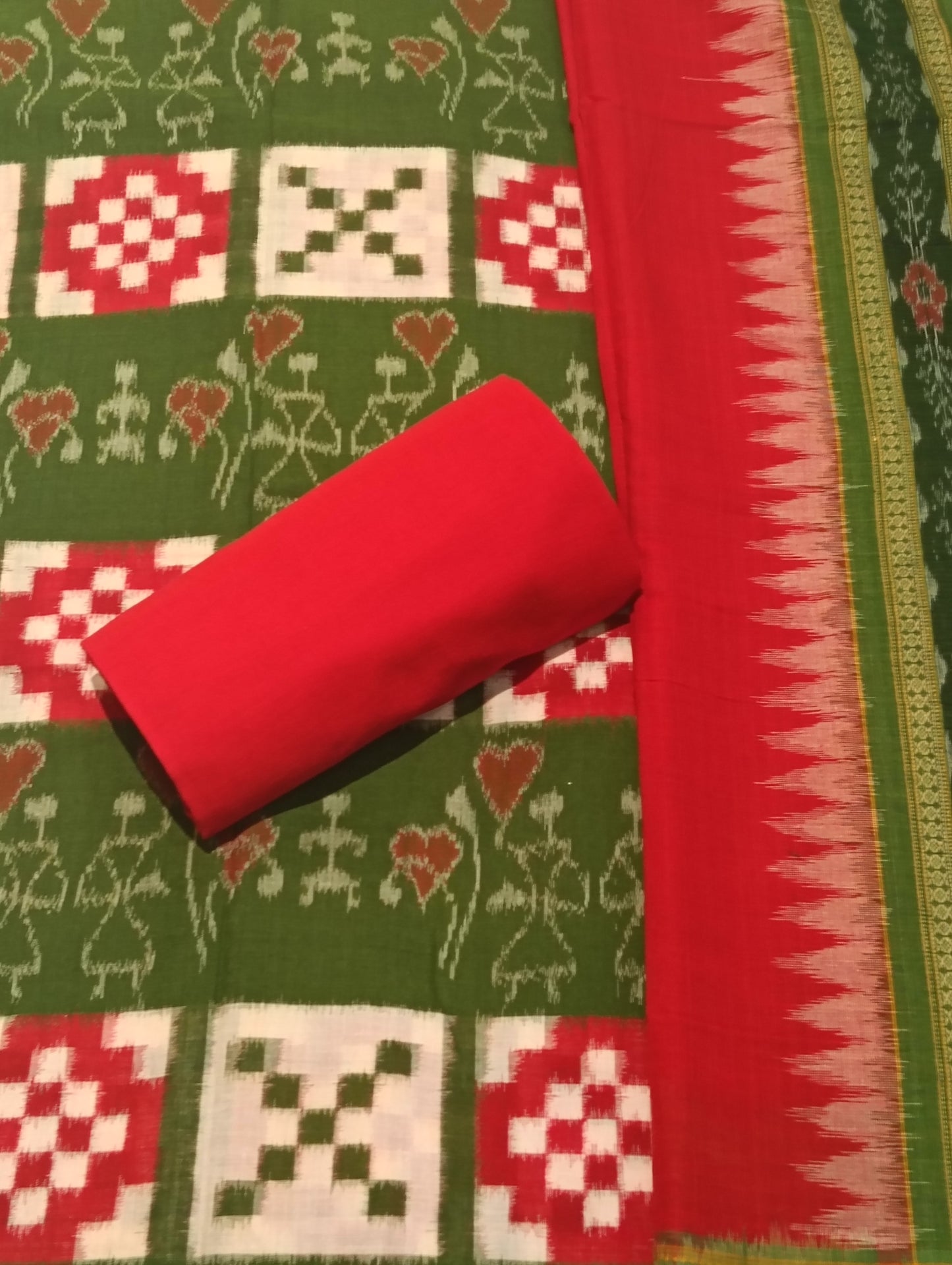Red green sambalpuri dress material set - Tilottama