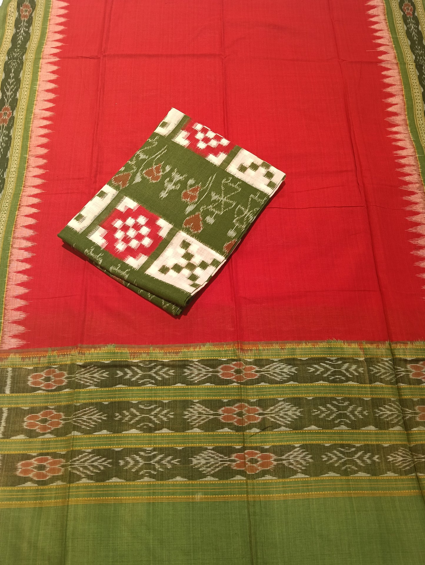 Red green sambalpuri dress material set - Tilottama