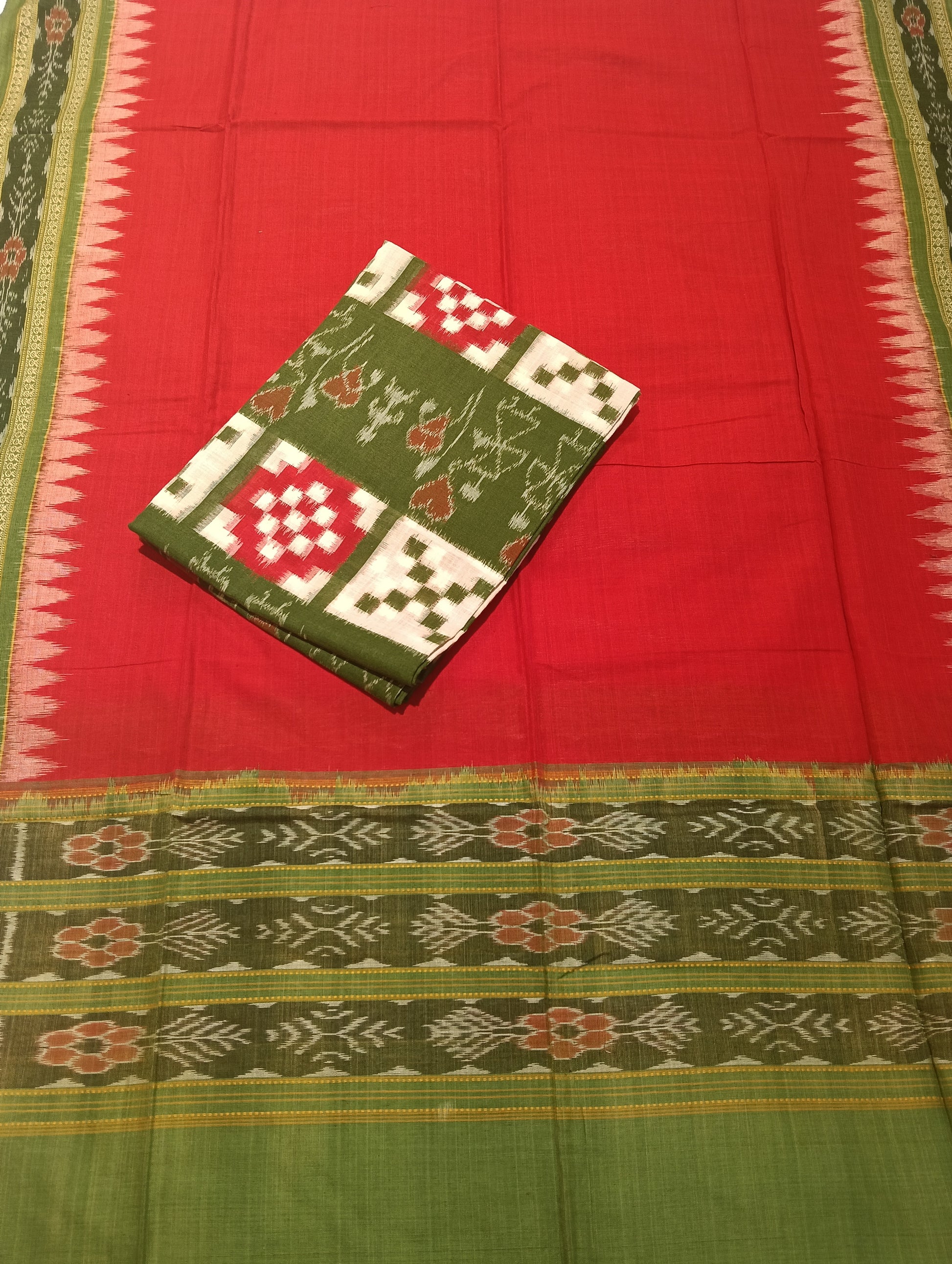 Red green sambalpuri dress material set - Tilottama
