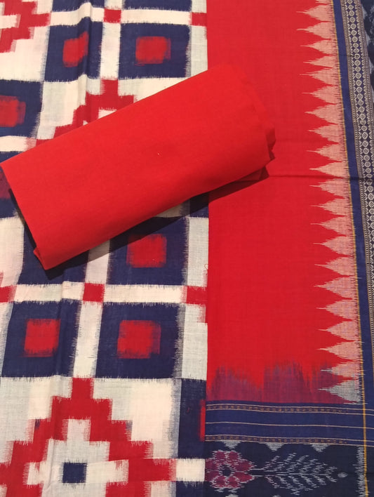Red blue white sapta sambalpuri dress material set - Tilottama