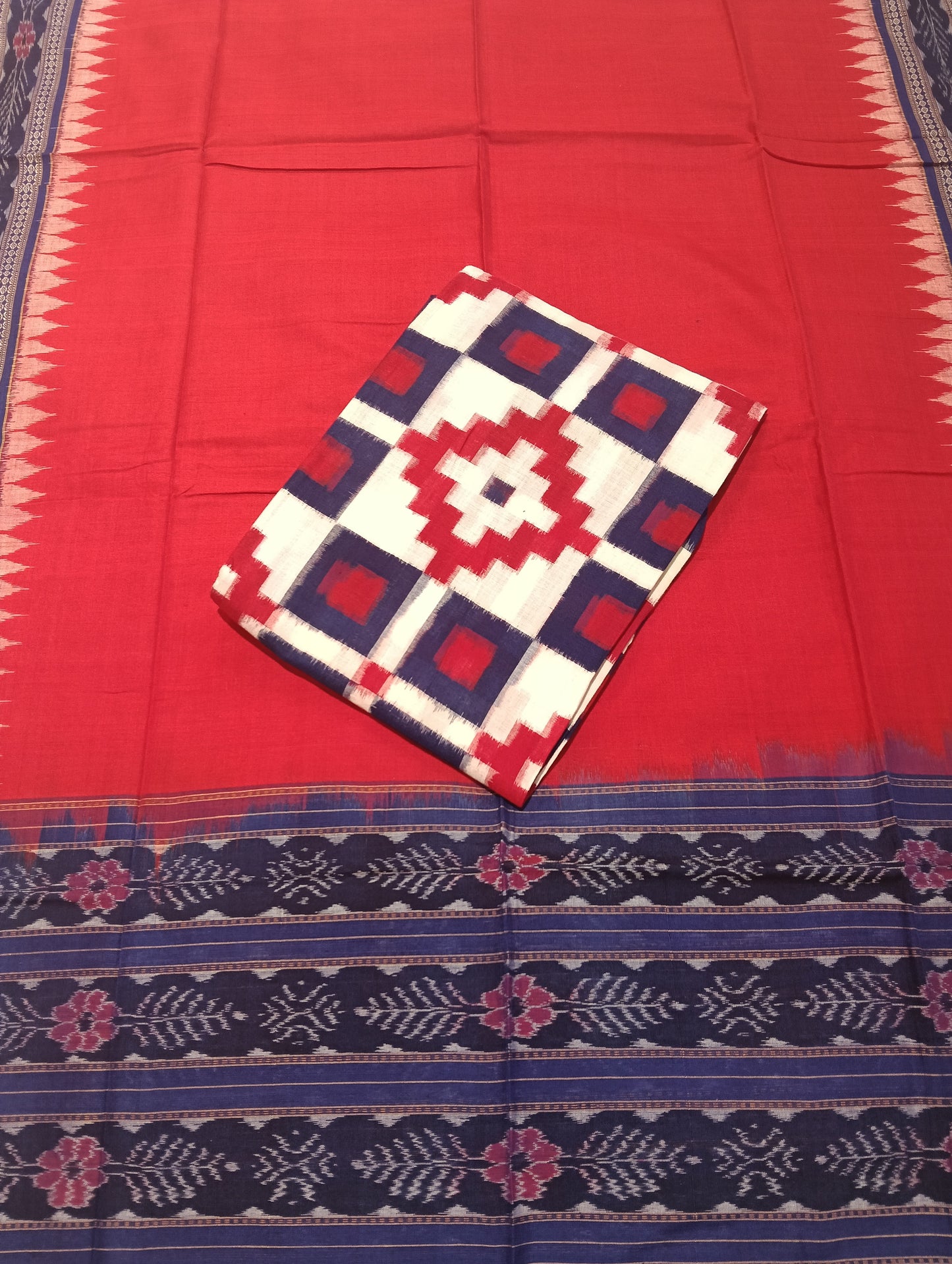 Red blue white sapta sambalpuri dress material set - Tilottama