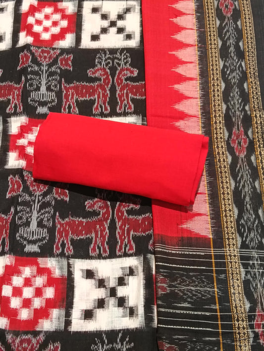Red black white sapta sambalpuri dress material set - Tilottama