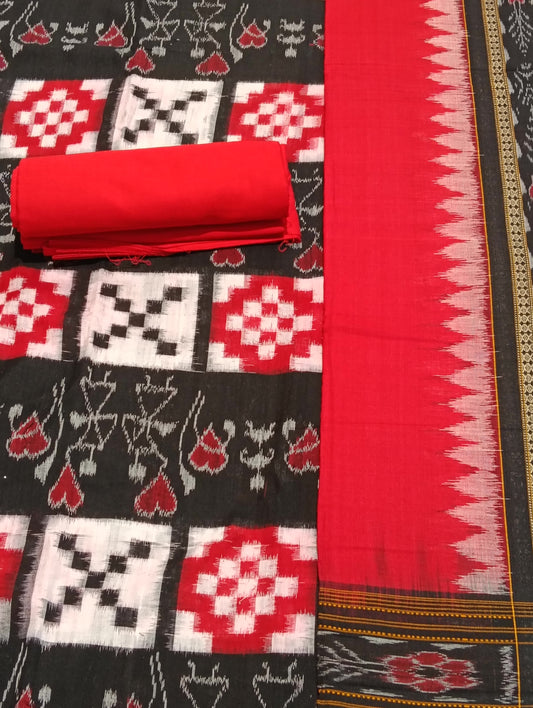 Red black white sapta sambalpuri dress material set - Tilottama