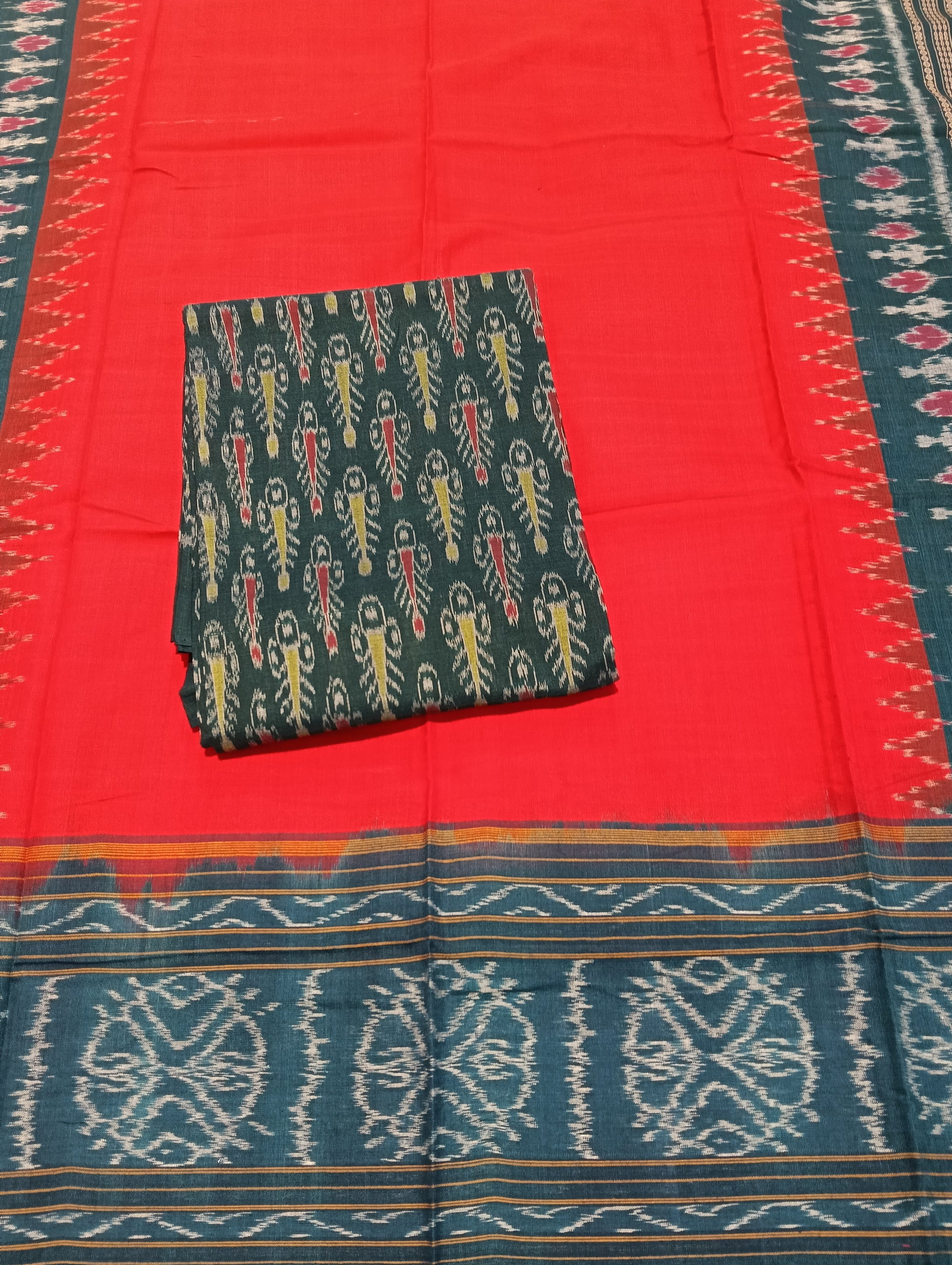 Ocean blue red sambalpuri dress material set - Tilottama