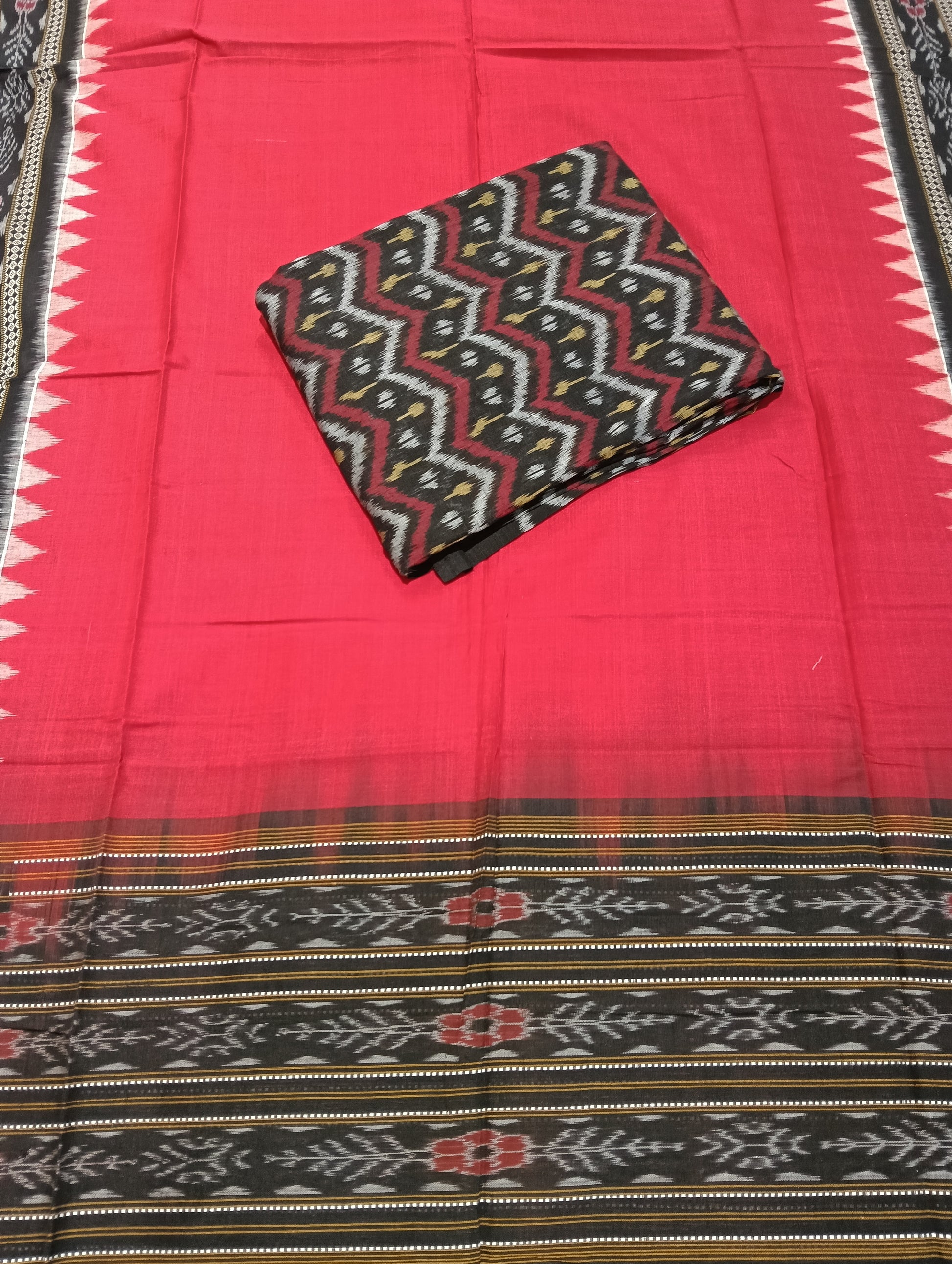 Black red sambalpuri dress material set - Tilottama