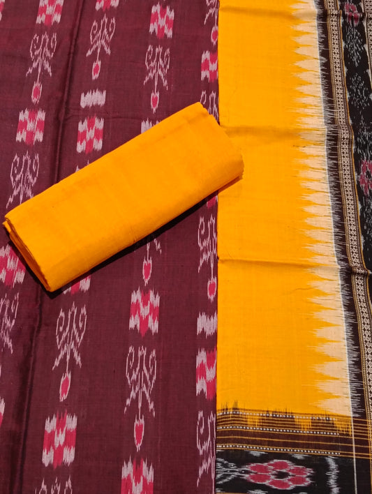 Marron yellow sambalpuri dress material set - Tilottama