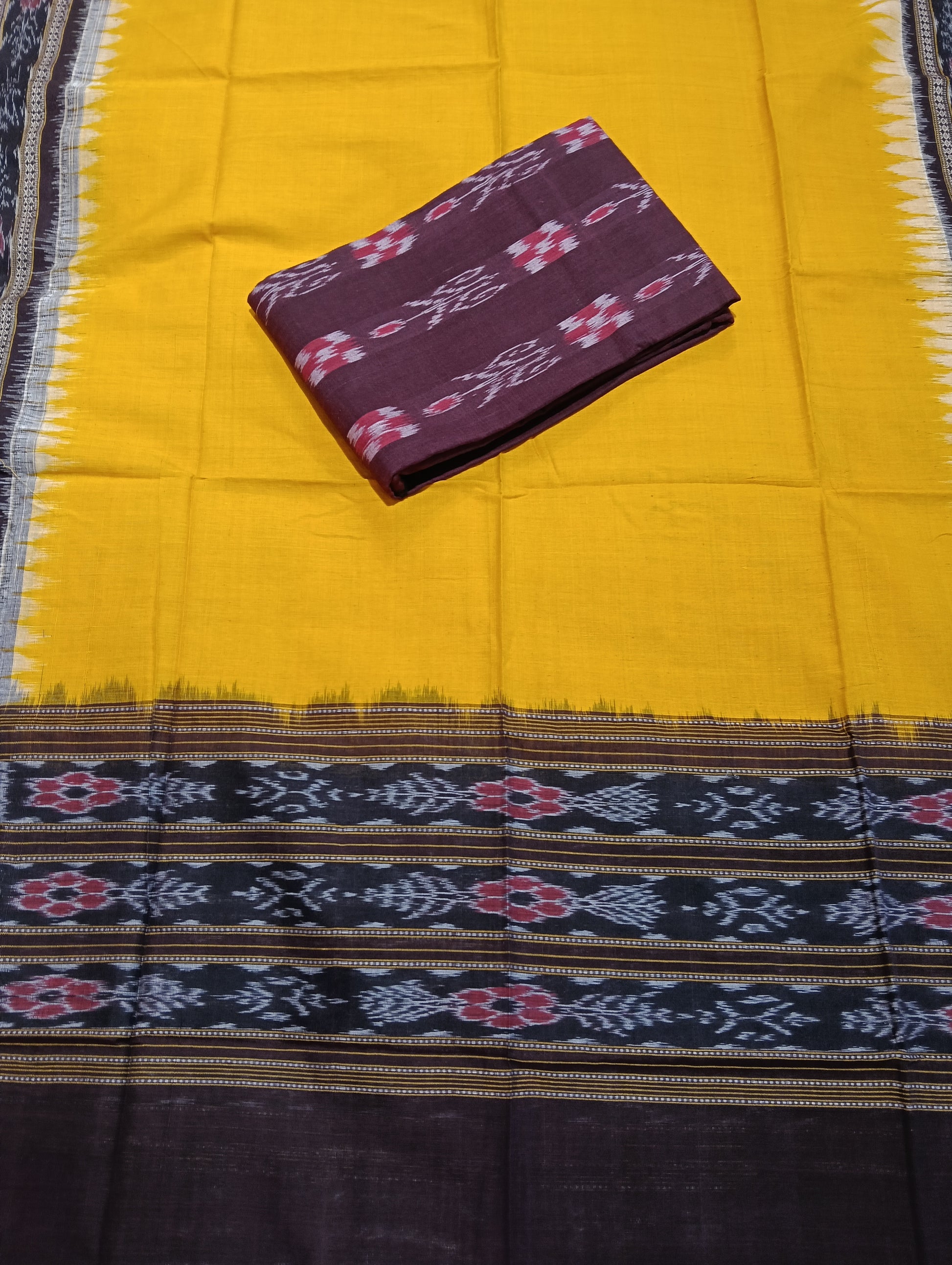 Marron yellow sambalpuri dress material set - Tilottama